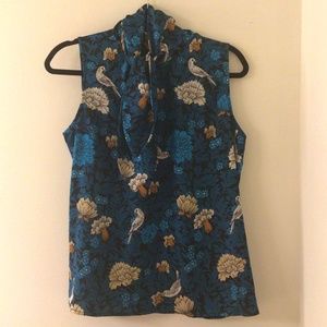 Ann Taylor Bird Floral Sleeveless Shell with Neck Tie Size Medium Petite
